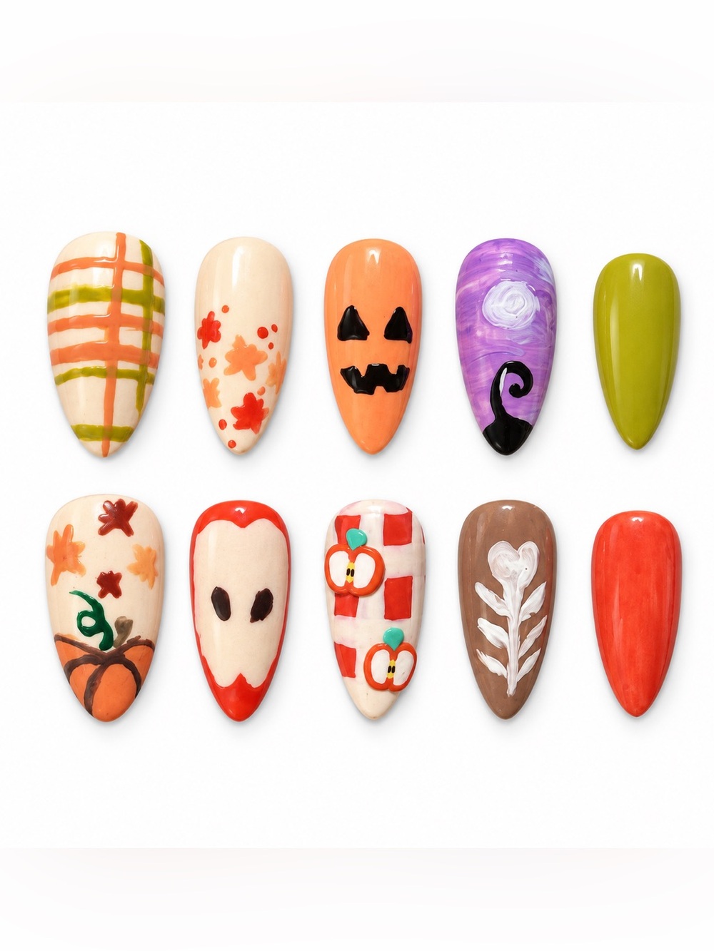 Handmade Assorted Halloween & Fall Press-On Nails - Orange, Green, Brown, Red